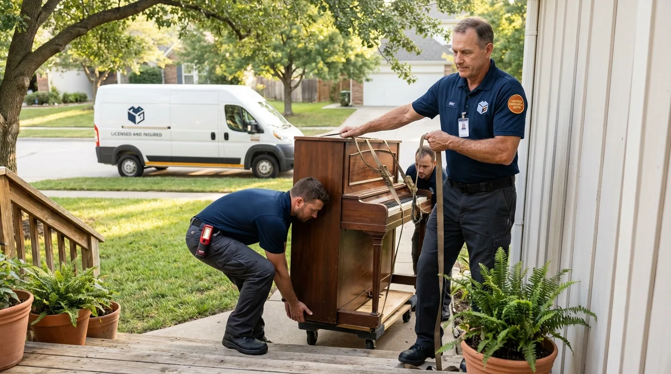 Licensed piano movers securing grand piano in Dunkirk, IN
