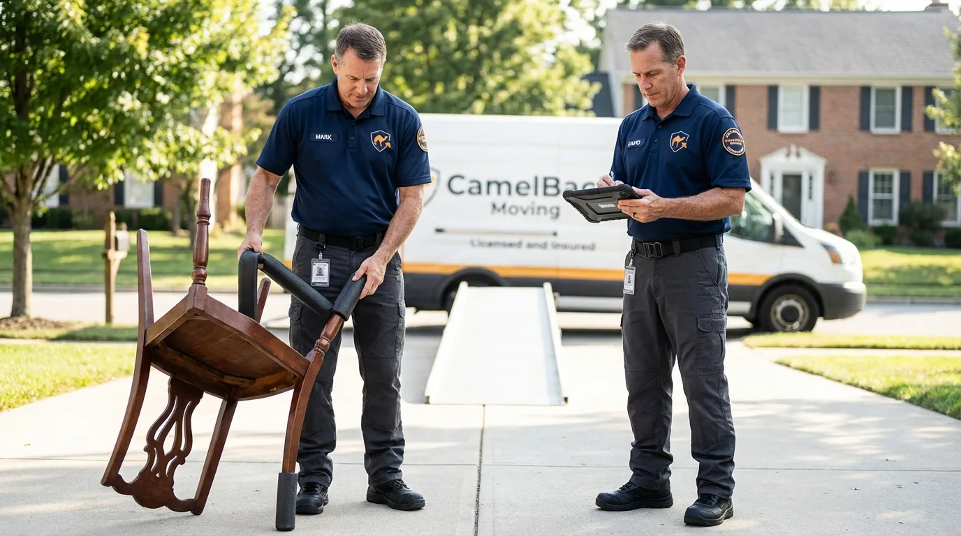 Movers inspecting furniture for damage prevention before loading in Dunkirk, IN