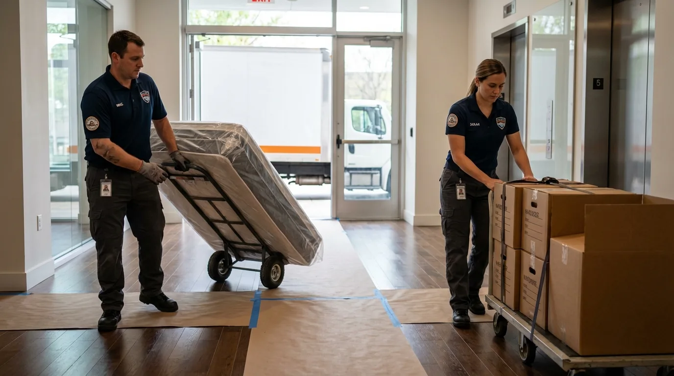 Professional apartment movers loading elevator in Dunkirk, IN